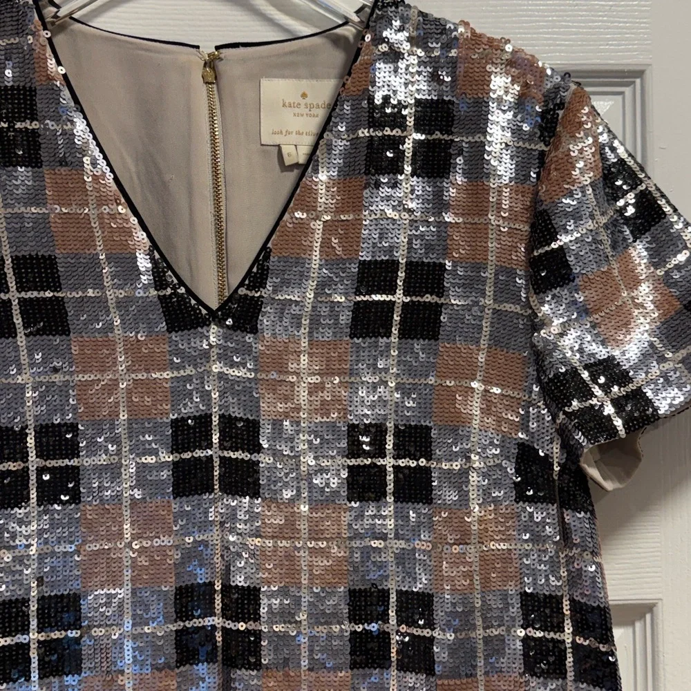 *Kate Spade Sequin Plaid Shift Dress Pumice 6 V Neck Short Sleeve Mini | AT 728